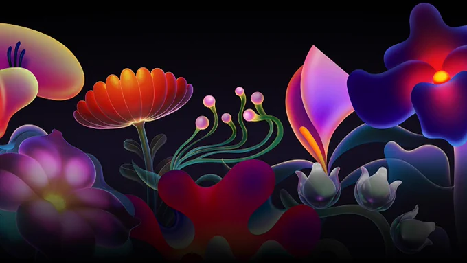 Abstract illustration of colorful, glowing plant-like forms on a dark background, with vibrant gradients of red, purple, green, and orange creating organic, flowing shapes.