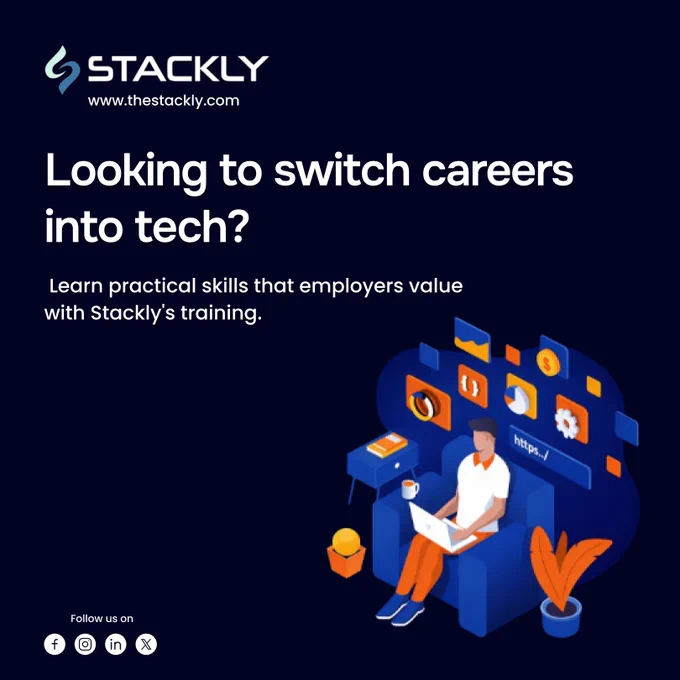 💡 Looking to switch careers into tech? Learn practical skills that employers value with Stackly’s training — either online or offline.

#Stackly #StacklyDigital #TechTraining #Upskill #CareerGrowth #FullStack #LearnToCode