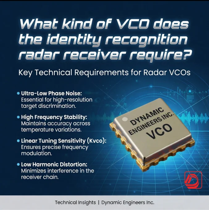 Graphic explaining the key VCO requirements for identity recognition radar receivers. The image highlights ultra-low phase noise, high frequency stability, linear tuning sensitivity (VCO), and low harmonic distortion as critical performance factors for radar signal accuracy and target discrimination. A Dynamic Engineers Inc. VCO component is displayed on a blue radar-themed background.