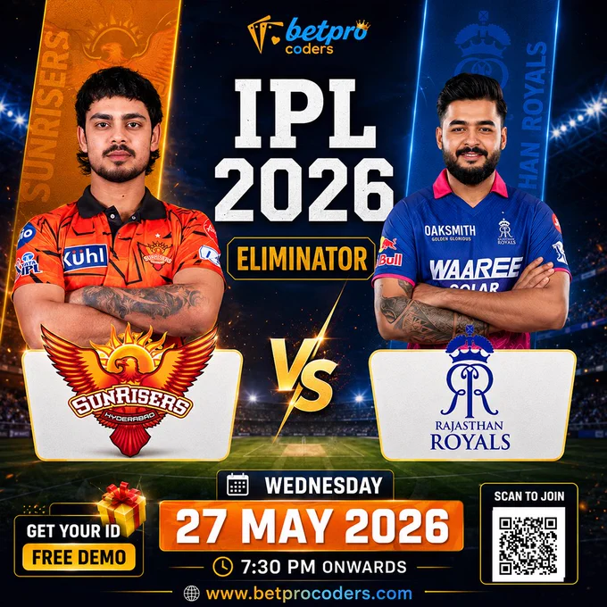 High-energy SRH vs RR IPL eliminator poster featuring cricket players, glowing stadium atmosphere, and Betprocoders live cricket API branding for sports platforms.