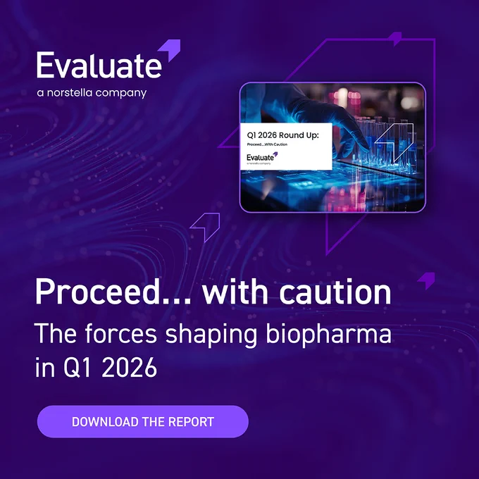 Promotional image for a report on biopharma trends in Q1 2026. Features a digital theme with a focus on cautious industry navigation.
