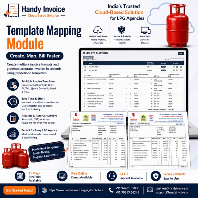 🚫 No More Printed Bill Books or Manual Cash Memos! 📝❌

Go digital with Handy Invoice Cloud-Based Solution for LPG Agencies.

Create multiple retail invoice formats in seconds and generate accurate bills without repetitive manual work.

A4 Size Landscape: one customer copy and second agency copy 

From SBC, DBC, TA/TV, Ujjwala to Retail Billing - manage everything effortlessly with Handy Invoice Cloud Solution. ☁️📄

✅ Multiple Invoice Templates
✅ Faster Billing Process
✅ Automatic GST Calculations
✅ Error-Free Invoicing
✅ Perfect for LPG Agencies

📍 Access Anytime, Anywhere
📞 Free Online Demo Available

🌐 https://www.handyinvoice.in/gas_distributors

#LPGSoftware #LPGAgency #HandyInvoice #CloudBasedSolution #GSTBilling #InvoiceSoftware #LPGDistributor #DigitalIndia #BusinessAutomation #eInvoice #BillingSoftware #GasAgencyManagement #IndiaBusiness #CloudBilling