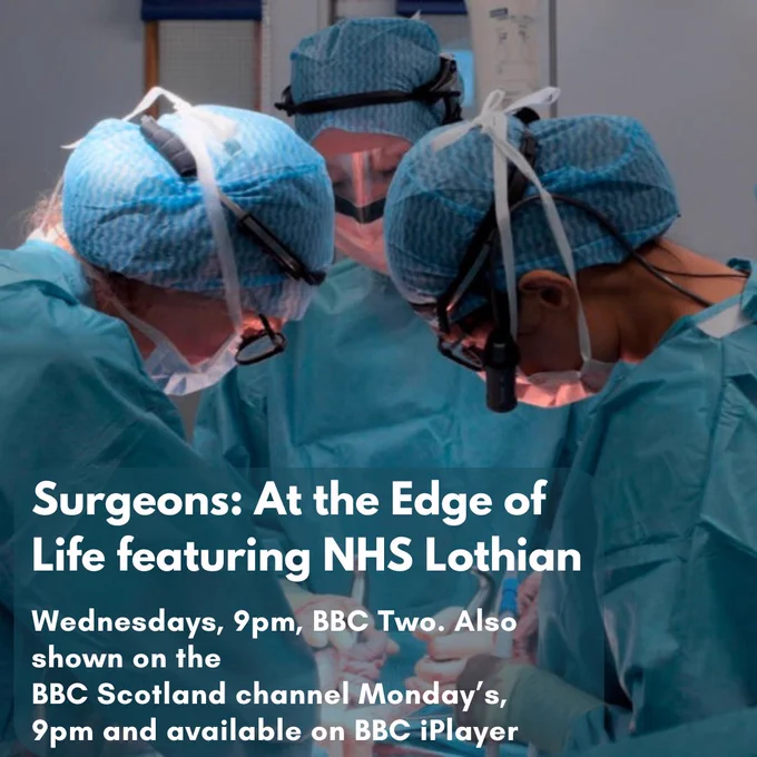 Three surgeons in blue scrubs and caps perform a delicate operation under bright surgical lights in an operating room.