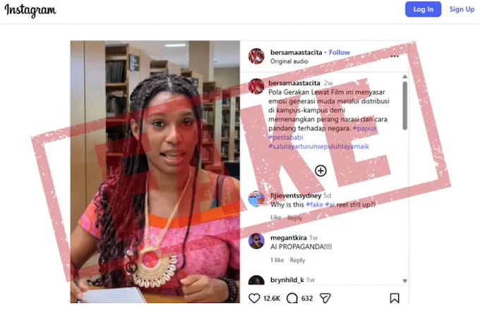 The AI-generated fake footage on Instagram shared by an Indonesian nationalist account @bersamaastacita showing Koteka Wenda speaking out against a new documentary about land grabs and human rights abuses in Papua. Image: @bersamaastacita/screenshot/RNZ Pacific 