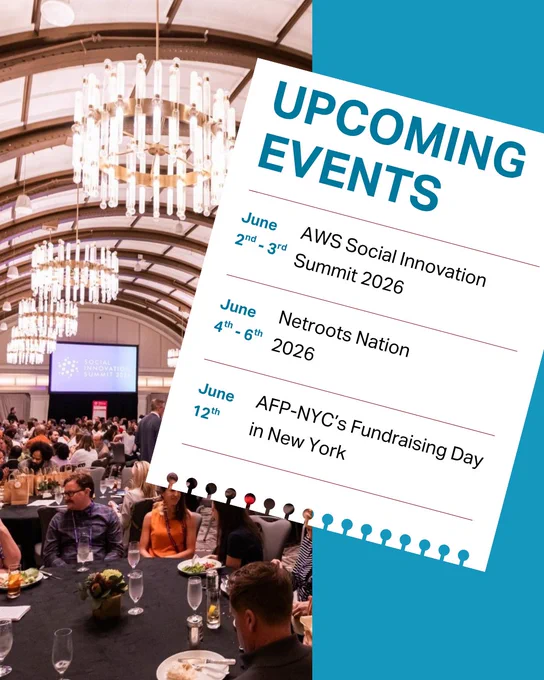 A blue background graphic announcing where NationBuilder's  team will be on the ground across the U.S. A white card lists AWS Social Innovation Summit in Altanta June 2–3 and Netroots Nation in Philly June 4–6 2026, overlaid on a photo of attendees connecting at a large conference dinner.