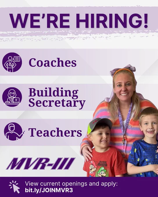 Purple “We’re Hiring!” design listing openings for coaches, building secretary, and teachers alongside a staff member with two young students.