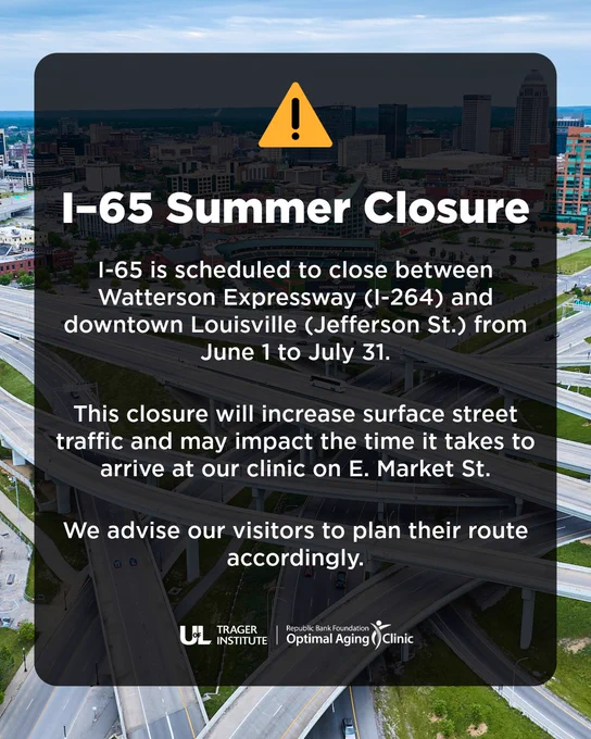 Photo of downtown Louisville's expressways with text about the I-65 summer closure found in the caption.