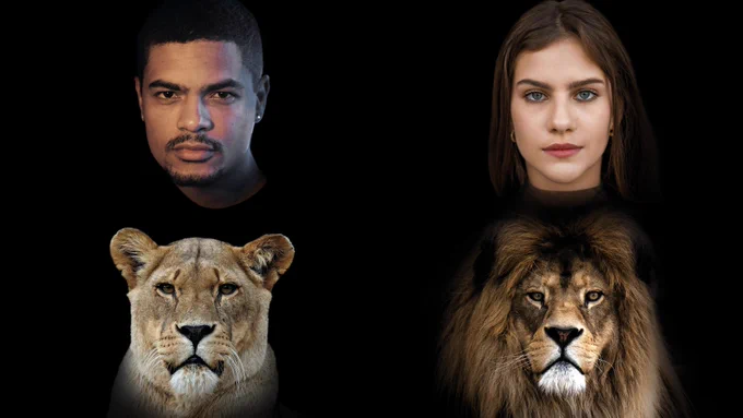 Auf dem Foto sind ein Tiger, ein Löwe, eine Frau und ein Mann zu sehen.