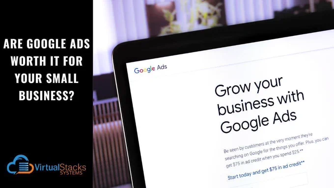 Photo illustration of computer screen displaying Home page of Google Ads; Virtual Stacks Systems logo.