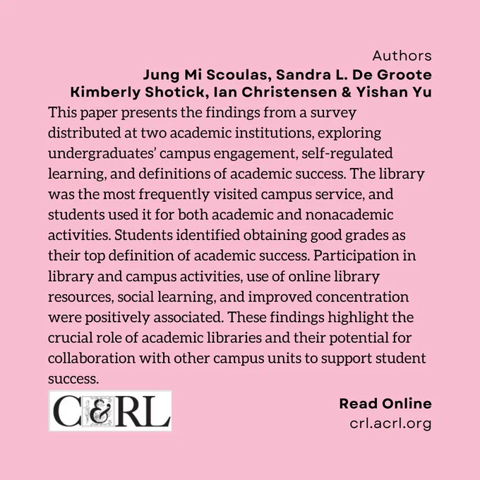 Authors: Jung Mi Scoulas, Sandra L. De Groote,  Kimberly Shotick, Ian Christensen & Yishan Yu. This paper presents the findings from a survey distributed at two academic institutions, exploring undergraduates’ campus engagement, self-regulated learning, and definitions of academic success. The library was the most frequently visited campus service, and students used it for both academic and nonacademic activities. Students identified obtaining good grades as their top definition of academic success. Participation in library and campus activities, use of online library resources, social learning, and improved concentration were positively associated. These findings highlight the crucial role of academic libraries and their potential for collaboration with other campus units to support student success.