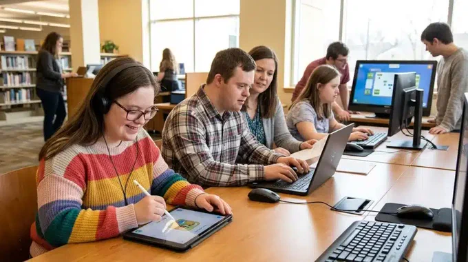 Varios estudiantes con síndrome de Down utilizando herramientas digitales de diseño e información en la zona de informática dentro de una biblioteca. 