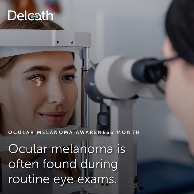 Patient receiving a routine eye exam with a slit lamp microscope. Text overlay reads: “Ocular melanoma is often found during routine eye exams.” Delcath branding appears in the top left corner.