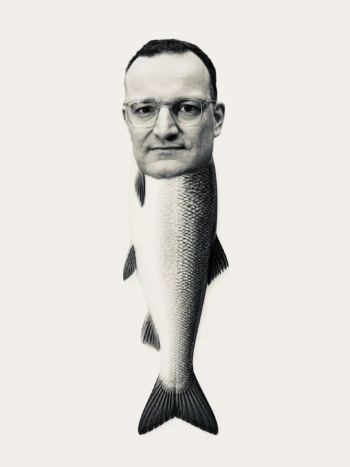 Jens Spahns Kopf auf einem Fisch