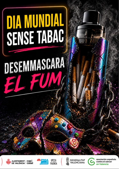 Día Mundial Sin Tabaco: vaporizador roto que oculta cigarrillos y mascarilla carnavalesca rota; desenmascara el humo.
