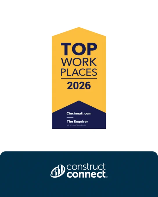 A banner in gold and navy colors shows "Top Work Places 2026" with "Cincinnati.com" and "The Enquirer" mentioned below. The logo for "Construct Connect" is at the bottom of the image.