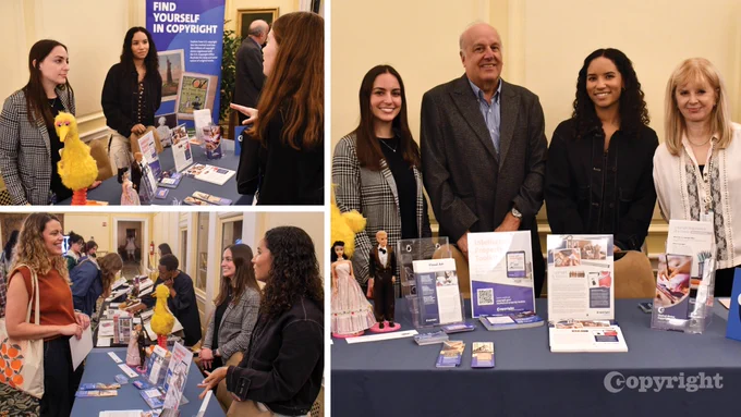 Collage of photos including Copyright Office staff standing at a table and engaging with visitors. Dolls and Office handouts sit on the table.