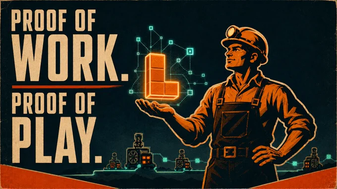 Retro propaganda-style poster of a worker-miner figure holding a glowing tetris piece overhead like a torch, with tiny mining rigs along the horizon. Deep teal background, sodium orange accents, a thin Kaspa-green line. Bold text reads "PROOF OF WORK. PROOF OF PLAY."