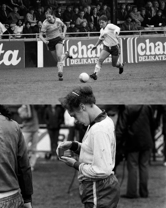 Split image of Gillian Coultard running during England vs Sweden 1984 European final and Kerry Davis looking at her medal. 