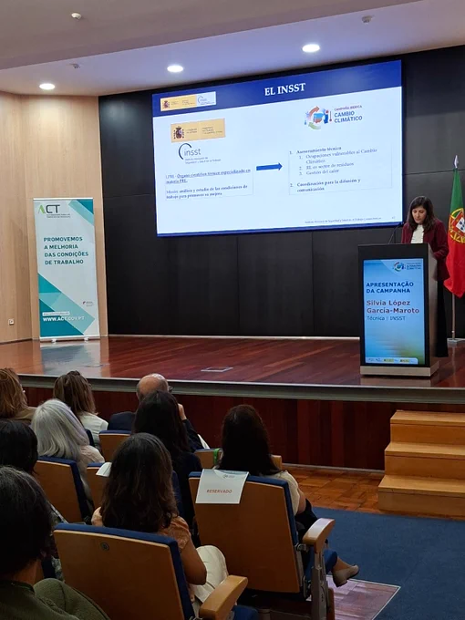 Silvia García Maroto, Técnica del INSST, hablando en atril sobre el escenario