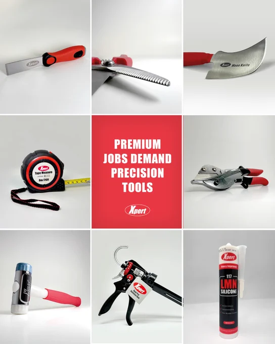 Selection of Xpert tools including a saw, gasket shears, and a caulking gun arranged around a red box with the text 'Premium jobs demand precision tools'.