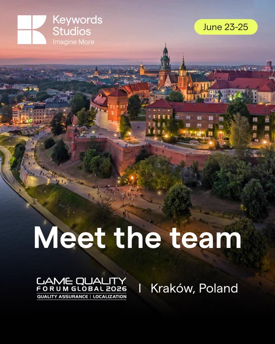 Drone photo of Krakow during sunset. Text: Meet the team at Game Quality Forum, June 23 to 25.