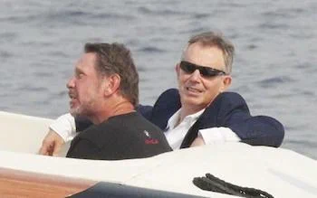 Larry Ellison and Tony Blair on a boat