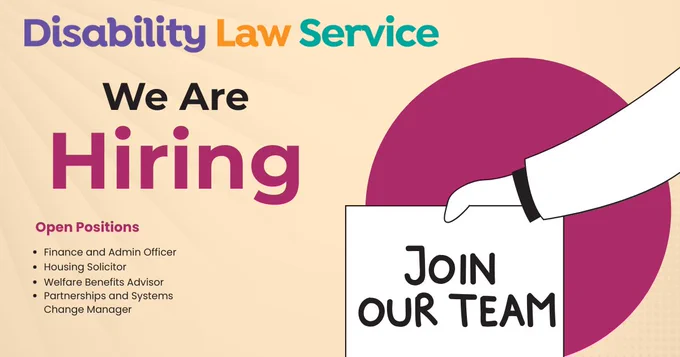 An infographic which has our logo in purple, orange and green colours. Text which states: we are hiring, open positions; finance and admin officer, housing solicitor, welfare benefits advisor and partnerships and system change manager. 
The words join our team are in black which a white logo and a purple circle. 