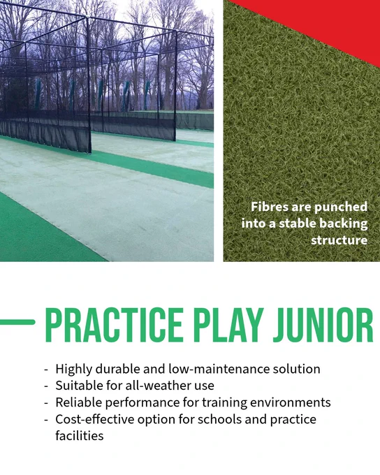 Outdoor sports practice area with green synthetic turf and black netting under leafless trees on a cloudy day.