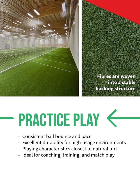 Indoor sports facility with artificial turf and netting for practice sessions under bright ceiling lights.