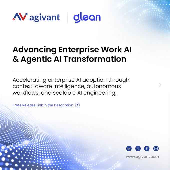 Excited to announce Agivant Technologies’ collaboration with Glean to help enterprises accelerate the next wave of AI transformation through Work AI, Agentic AI systems, and enterprise-scale intelligent automation.

As organizations move from AI experimentation to operational AI at scale, enterprises need more than models; they need context-aware intelligence, autonomous workflows, scalable AI infrastructure, and production-grade execution.

Together, Agivant and Glean are bringing:
▸ Enterprise Work AI   Agentic AI orchestration
▸ Context-aware AI grounded in enterprise knowledge
▸ Intelligent workflow automation and decision systems
▸ Enterprise-scale AI engineering, MLOps, and operational AI frameworks
▸ Accelerated adoption of autonomous business operations