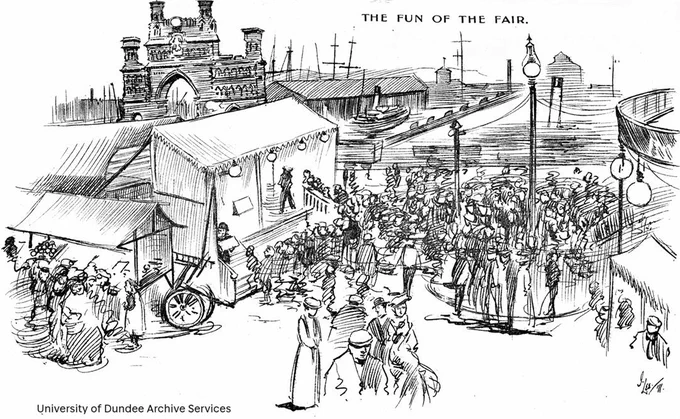 Black and white sketch showing a crowd of people in c 1900s clothing at a fair with stalls. A large ornate archway is at the top left and boats with funnels and dock buildings are behind the fair