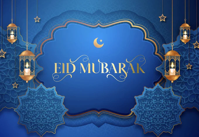 Blue and gold Eid Mubarak card with ornate lanterns, star motifs, and crescent moon. Rich Islamic geometric patterns convey festive warmth and celebration.