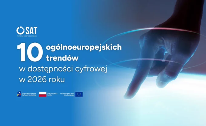 10 ogólnoeuropejskich trendów w dostępności cyfrowej w 2026 roku. Dłoń dotyka podświetlonej powierzchni w futurystycznym, cyfrowym otoczeniu.