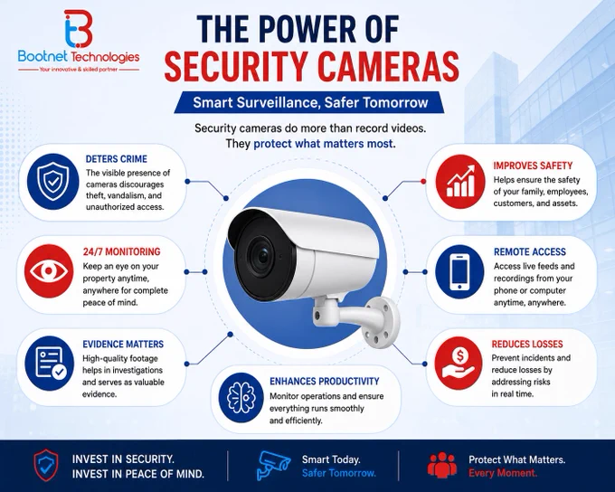 Protect what matters most with smart surveillance solutions from Bootnet Technologies. Security cameras help deter crime, monitor activities 24/7, improve safety, and give you complete peace of mind — anytime, anywhere. 🏢🏠