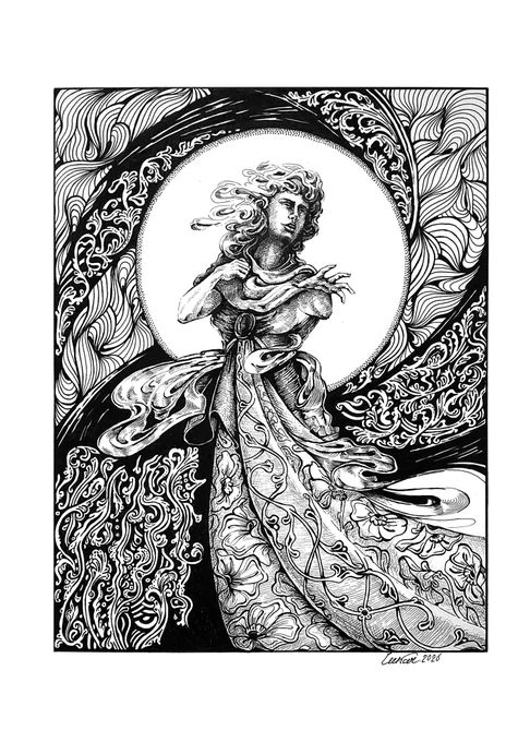 Whispers of the Eternal Vine

I created this intricate pen-and-ink drawing as a tribute to the eternal dance between elegance and wild natural energy. A graceful muse emerges from a swirling vortex of Art Nouveau ornamentation — her flowing hair and gown dissolving into lush floral and vine patterns that seem to breathe with life of their own.
Every line was drawn with deep focus and passion. I particularly love the rich contrast between the velvety blacks and luminous whites, and the hypnotic movement that flows throughout the composition — where stillness and dynamic energy coexist in perfect tension.
This piece carries both the decorative beauty of the golden age of illustration and a contemporary visionary spirit. It is a work that reveals more detail and emotional depth the longer one spends with it.
I offer this original artwork to collectors who appreciate masterful linework, symbolic figurative art, and pieces that bridge historical elegance with modern mystical presence. It is