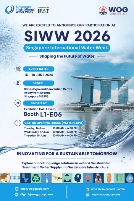 WOG Technologies Limited is excited to announce our participation at Singapore International Water Week (SIWW) 2026! 
 
We are proud to be part of Singapore International Water Week (SIWW) 2026, one of the leading global platforms for water innovation, sustainability, and industry collaboration. 
 
Join us as we showcase our cutting-edge solutions in Water & Wastewater Treatment, Water Supply, and Sustainable Infrastructure.