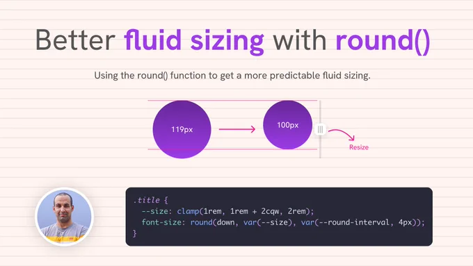 “Better fluid sizing with round()”, subtitle about predictable fluid sizing, two purple circles labeled 119px and 100px, Ahmad Shadeed’s photo, and code using clamp() and round().