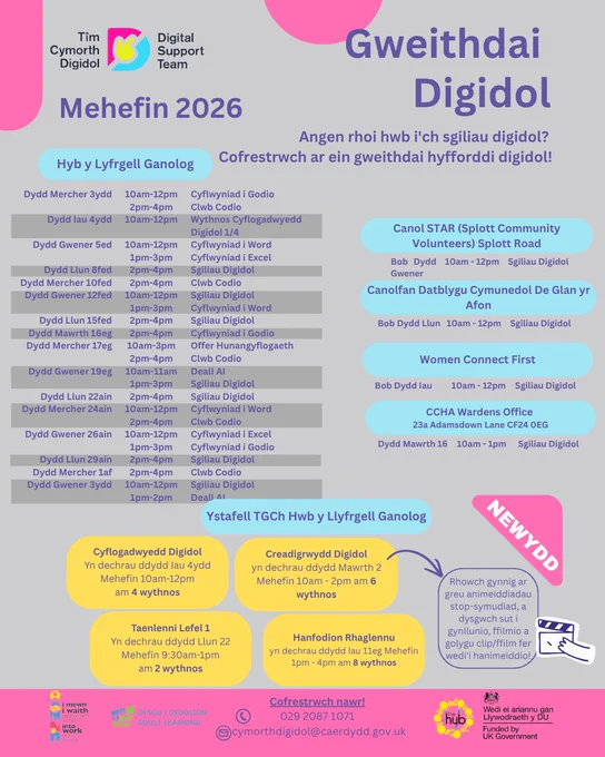 Poster yn dangos amserlen gweithdai digidol ym mis Mehefin 2026.