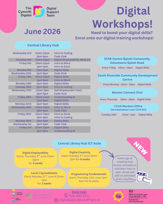 A poster showing a digital workshops timetable for June 2026.