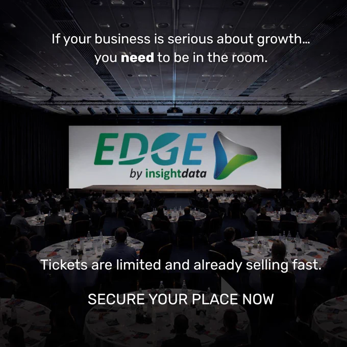 A promotional image for a business growth event featuring a large audience in a conference hall with a stage displaying the 'EDGE by insightdata' logo. The text overlay emphasizes the importance of attending.