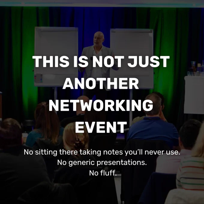 An engaging networking event featuring a speaker in front of an audience, emphasizing no traditional note-taking or generic presentations.
