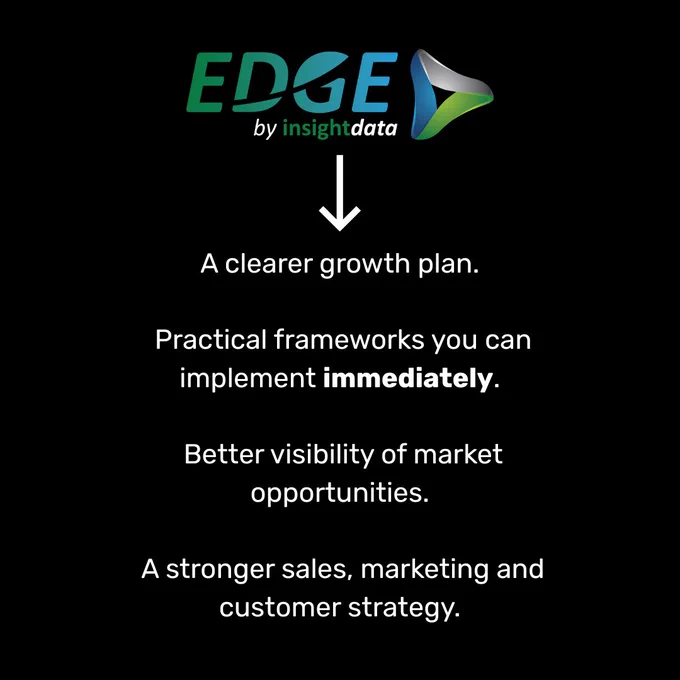 A promotional graphic for EDGE by InsightData highlighting business growth strategies. Includes listed benefits and prominent text.