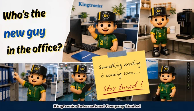 Kingtronics mascot teaser campaign image showing a new KT character appearing in office, pantry, factory, storage, and elevator scenes with the message “Who’s the new guy in the office?” and “Something exciting is coming soon.”