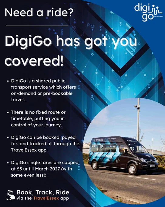 A DigiGo minibus on the road, with promotional text about the on-demand transport service.
