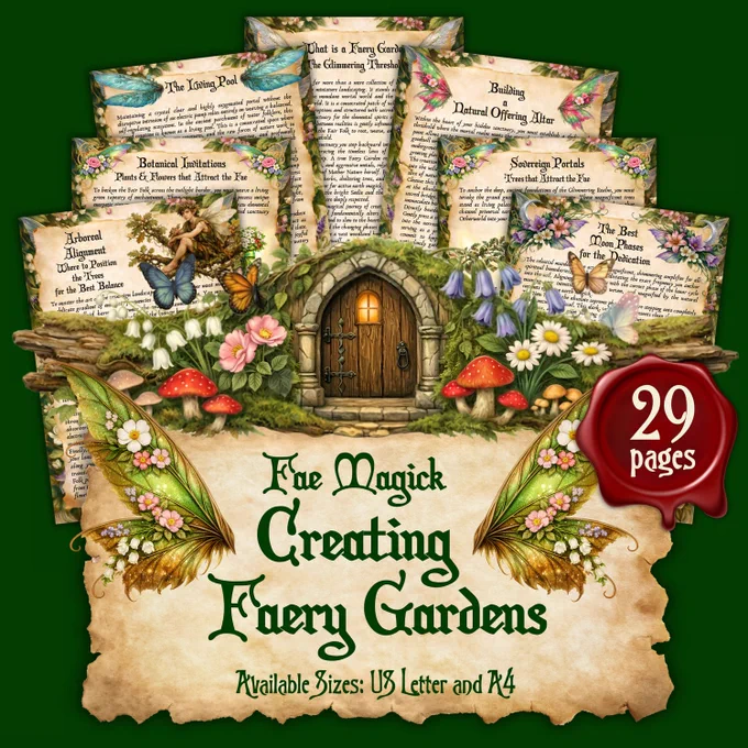 https://payhip.com/b/4xEvJ 
Beneath tangled ivy, moonlit moss, and the hush of twilight paths, the old ways still whisper to those willing to listen.
This grimoire opens the gate to the ancient art of creating a true Fae Garden, a living sanctuary woven from wild plants, sacred waters, natural altars, and the quiet rhythms of the earth.