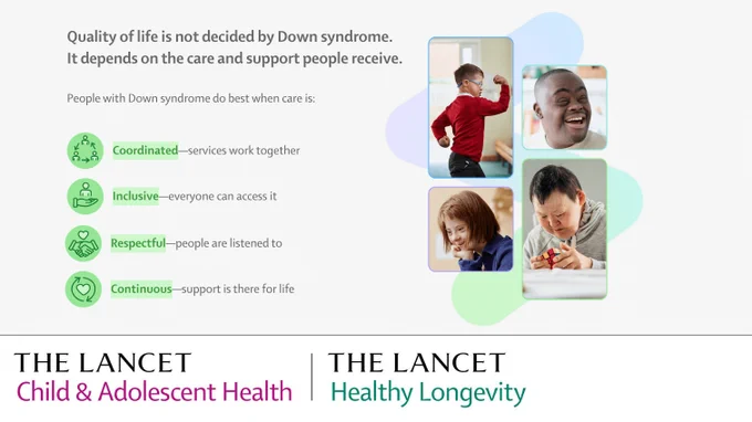 An infographic which outlines the care and support needed for people with Down syndrome. Copyright: Elsevier Ltd. 