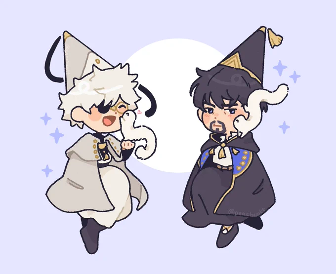 digital fanart of witch hat atelier. brushbuddy sits on a delighted qifrey's hand and kisses his cheek. brushbuddy climbs down olruggio's head to kiss his cheek. olruggio looks vaguely pertubed, but his blush betrays that he's also a bit charmed.