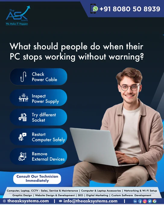 🖥️ 𝗦𝘆𝘀𝘁𝗲𝗺 𝗦𝗵𝘂𝘁 𝗗𝗼𝘄𝗻 𝗨𝗻𝗲𝘅𝗽𝗲𝗰𝘁𝗲𝗱𝗹𝘆? 𝗪𝗵𝗮𝘁 𝗦𝗵𝗼𝘂𝗹𝗱 𝗕𝗲 𝗖𝗵𝗲𝗰𝗸𝗲𝗱 𝗙𝗶𝗿𝘀𝘁?

Slow performance, sudden shutdowns, or no display at all can happen without warning. Before assuming it’s a major issue, a few simple checks can help identify the problem quickly and avoid unnecessary downtime.

What should be checked first?

🔘 Power cable connection
🔘 Different power socket
🔘 Safe system restart
🔘 External device removal

Small troubleshooting steps can make a big difference. Share the answer in the comments 👇

Call or WhatsApp Us on:
https://wa.me/918080508939 

#SmartIntercom #CCTV #SecurityTech #DigitalSecurity #HomeSafety #IntercomSystem #GoaBusiness #GoaTech #NorthGoa #Mapusa #TheAskSystems #ITSolutions #ITSupport #NetworkSolutions #CCTVInstallation #SecuritySolutions #DigitalGoa #GoaServices #GoaEntrepreneurs #GoaCompanies #GoaStartups #GoaIT #BusinessContinuity #TechMaintenance #AMCSolutions #SecurityCameras #HomeSecurityGoa #OfficeIT #Reliab