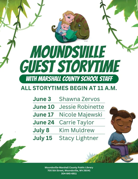Moundsville Guest Storytime schedule with cartoon characters, featuring storytimes on various dates in June and July.