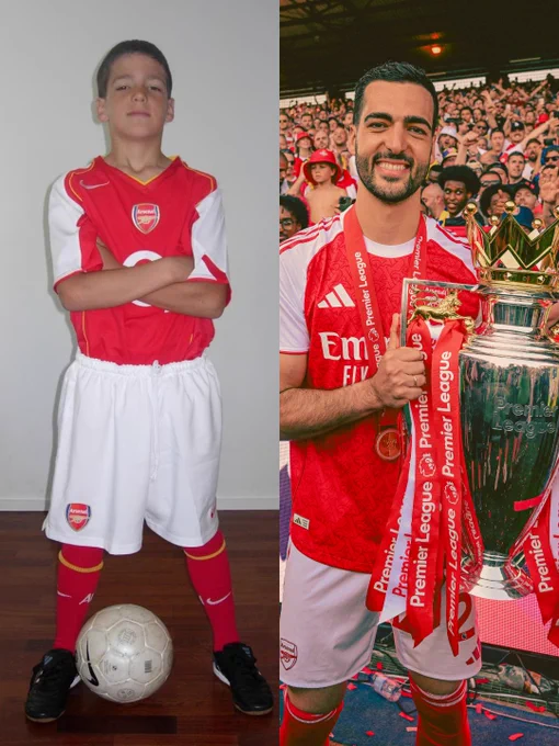 Mikel Merino as a child wearing an Arsenal shirt, and an image of him with the Premier League title.